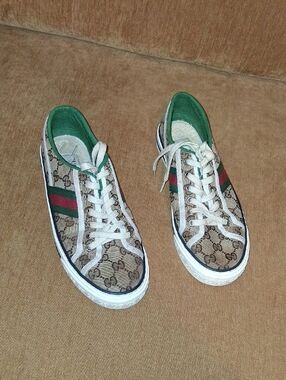 Gucci Brown GG Canvas Sneakers with Green & Red Web